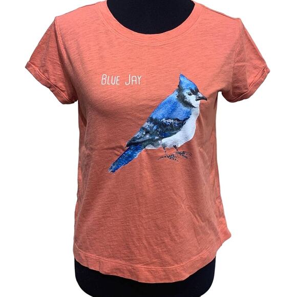 Wingspan Inspired Womens Small Watercolor Blue Jay Hand Printed Upcycled Tee - Picture 1 of 4